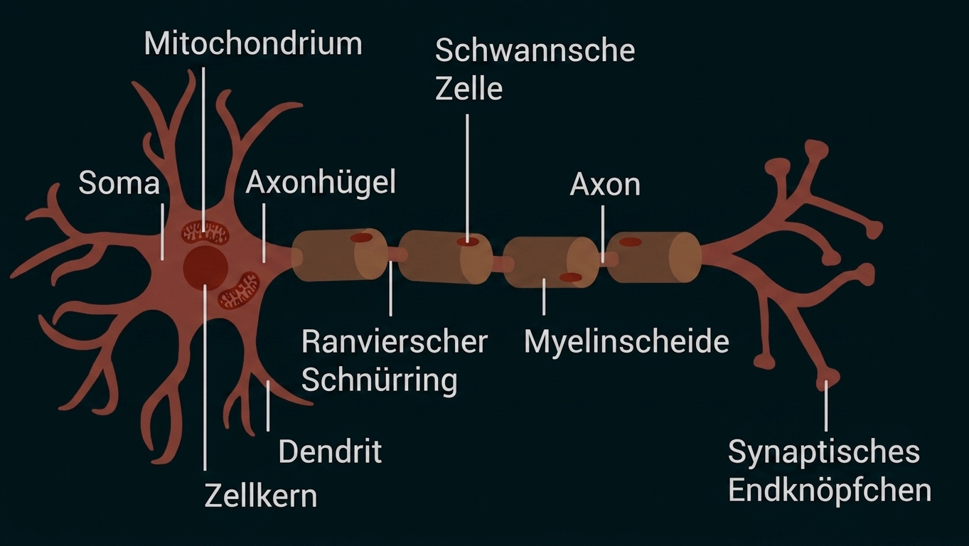 Illustration einer Nervenzelle mit beschrifteten Teilen wie Axon, Dendriten und Zellkern.